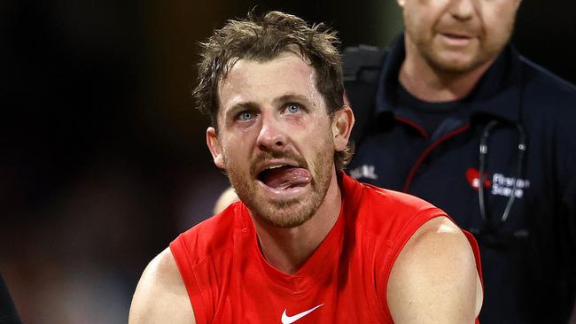 Sydney's Harry Cunningham stretchered off after high hit from Essendon's Peter Wright during the AFL Round 2 match between the Sydney Swans and Essendon Bombers at the SCG on March 23, 2024. Photo by Phil Hillyard(Image Supplied for Editorial Use only - Phil Hillyard  **NO ON SALES** - Â©Phil Hillyard )