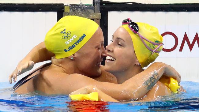 Sweden’s Sarah Sjostrom was overjoyed, while Aussie Emma McKeon wanted her race again. Picture: Getty Images