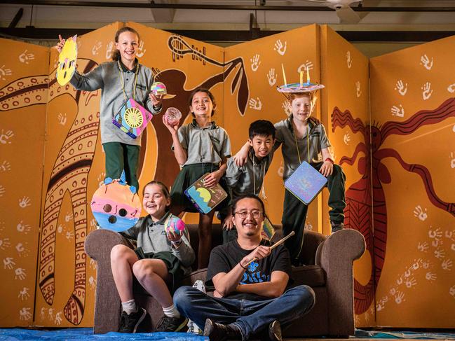 Erskinville Public students L to R: Anika Gill (9), Nadia Hammond (9), Harper Dance (9), Isaac Chan (8) and Callan Knox (8) after an art workshop with artist Jason Phu. Picture: Flavio Brancaleone