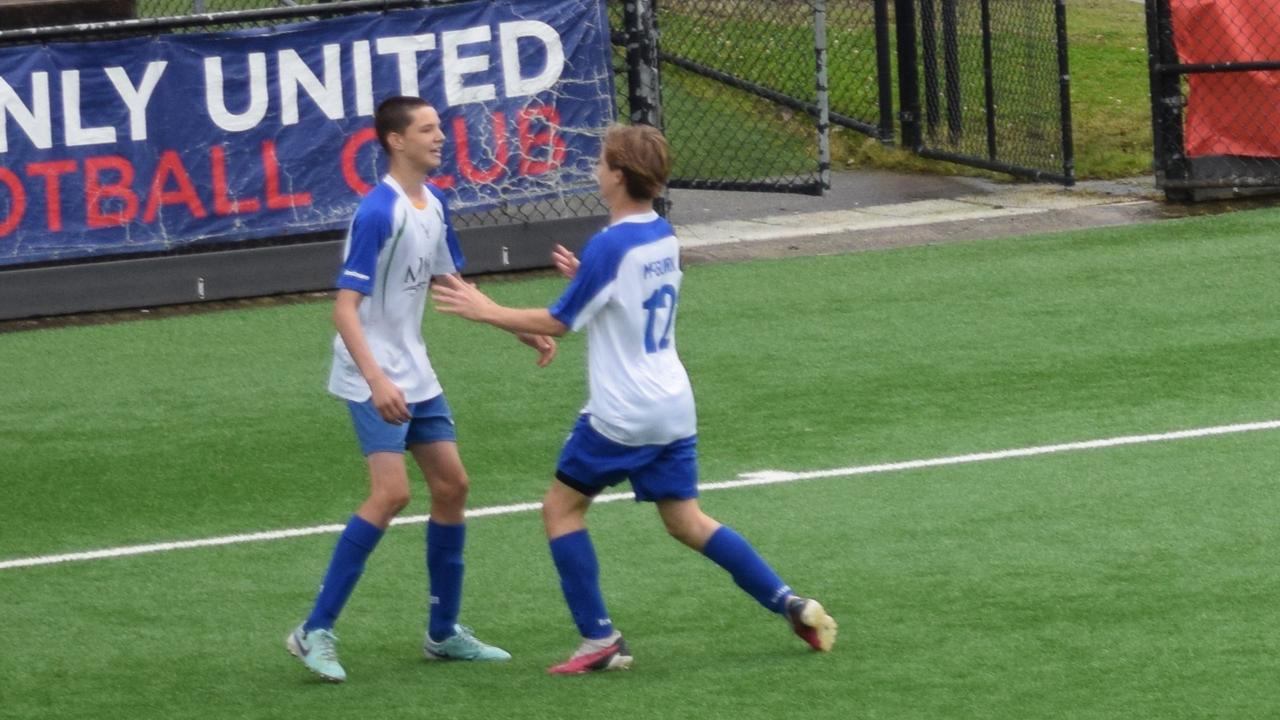 Brody Cronan celebrating a penalty goal for Collaroy Cromer Strikers U15 boys. Picture: supplied