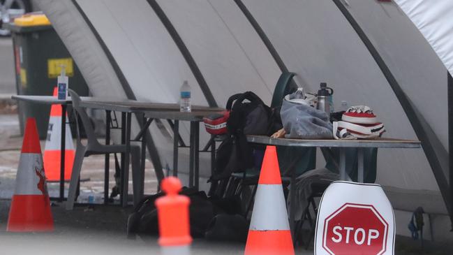 Exercisers leaving their sweaty gym gear all over the COVID testing tent at North Bondi. Picture: John Grainger