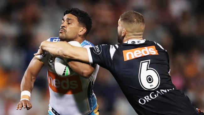 There are fears the NRL’s crackdown on high shots is seeing players milking penalties when copping even the slightest of bumps. Picture: Matt King / Getty Images