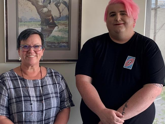 Tosh-Jake Finnigan (right) has been elected to Colac Otway Shire Council, and claims he is the first trans-identifying councillor in the state. He is pictured with the council's chief executive Anne Howard. Picture: Colac Otway Shire Council.