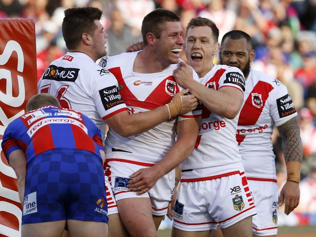 Jeremy Latimore of the Dragons celebrates scoring a second-half try during the Round 25 NRL match between the Newcastle Knights and the St George-Illawarra Dragons at McDonald Jones Stadium in Newcastle, Saturday, September 1, 2018. (AAP Image/Darren Pateman) NO ARCHIVING, EDITORIAL USE ONLY