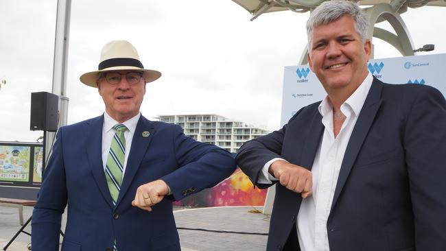 Mayor Mark Jamieson and Walker Corporation's commercial manager Malaysia and development projects George Quinn announce the development agreement for the Maroochydore City Centre.