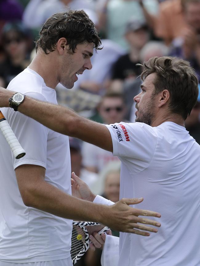 Tall order … Reilly Opelka, left, was too good for Stan Wawrinka. Picture: AP