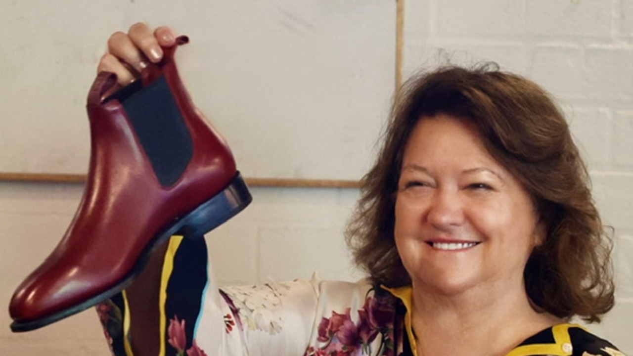 Ms Rinehart unveils the Kidman boot in a Pilbara red colourway at a recent staff lunch.