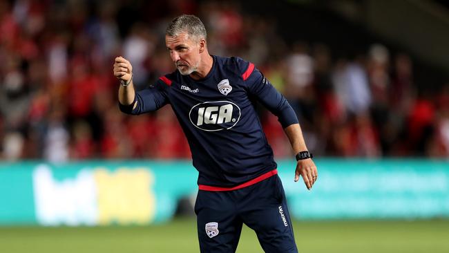 Adelaide United coach Marco Kurz celebrates the win. Picture: AAP