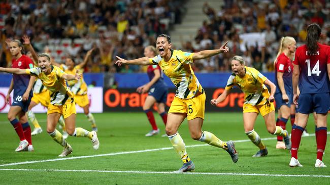 Emily Gielnik celebrates after the Matildas' first goal against Norway. Picture: Getty