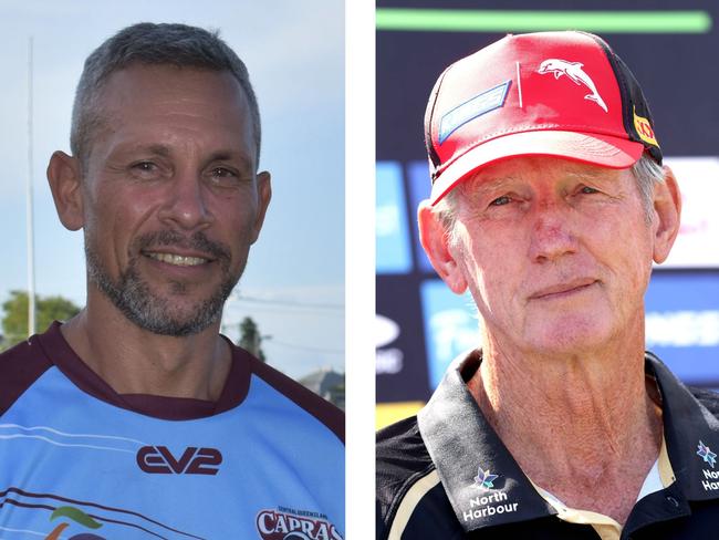 CQ Capras' head coach Lionel Harbin and Dolphins' head coach Wayne Bennett.