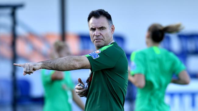 Matildas coach Ante Milicic (centre) is seen during training at Lions FC Stadium in Brisbane, Saturday, February 23, 2019. The Australian Matildas are preparing to play in the inaugural Cup of Nations against Argentina, Korea Republic and New Zealand. (AAP Image/Darren England) NO ARCHIVING