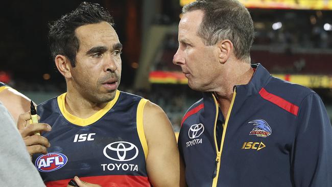 AFL - Round 22 - Adelaide Crows v Collingwood at Adelaide Oval. Eddie Betts with Don Pyke after the loss .Picture SARAH REED