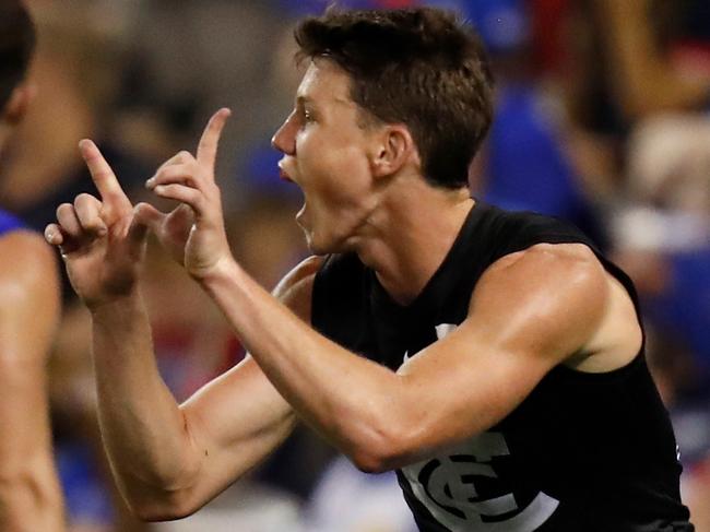 MELBOURNE, AUSTRALIA - APRIL 21: Sam Walsh of the Blues celebrates a goal on the final siren during the 2019 AFL round 05 match between the Western Bulldogs and the Carlton Blues at Marvel Stadium on April 21, 2019 in Melbourne, Australia. (Photo by Michael Willson/AFL Photos)