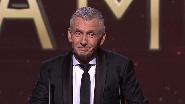 Bruce McAvaney was inducted into the Hall of Fame this year, with Australian football Hall of Fame legend, Leigh Matthews, announcing the honour. Picture: Nine