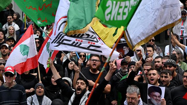 Demonstrators shout slogans against Israel as they gather to mourn the death of Hassan Nasrallah, late leader of the Lebanese group Hezbollah. Picture: Saeed Khan/AFP