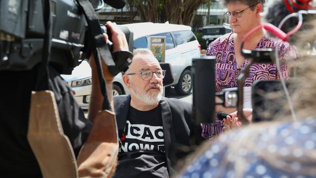 Rob Pyne and Lyn Kennedy (O'Conner) front the media outside the Cairns District Court on Wednesday, October 30. Picture: Peter Carruthers