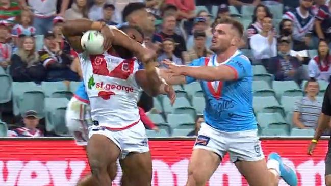 Sydney Roosters' Daniel Tupou was put on report for this high shot on Mikaele Ravalawa.