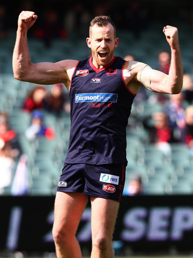 Newton celebrates a goal for Norwood in 2015. Picture: Sarah Reed.