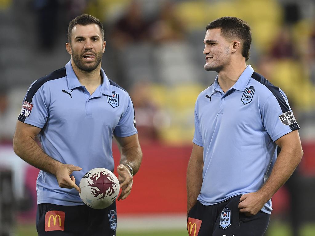 James Tedesco (L) is the NSW captain, but it is Nathan Cleary who runs the Blues. Picture: Ian Hitchcock/Getty Images