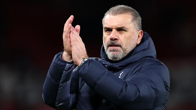 MANCHESTER, ENGLAND - JANUARY 14: Ange Postecoglou, Manager of Tottenham Hotspur, acknowledges the fans following the Premier League match between Manchester United and Tottenham Hotspur at Old Trafford on January 14, 2024 in Manchester, England. (Photo by Catherine Ivill/Getty Images)