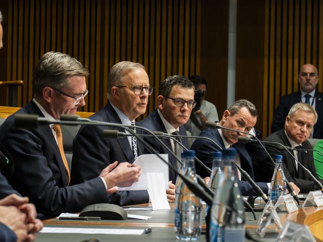 The line-up (l-r): NSW Premier Dominic Perottet, Prime Minister Anthony Albanese, Victorian Premier Daniel Andrews, WA Premier Mark McGowan, Tasmanian Premier Jeremy Rockliff. Picture: NCA NewsWire / Martin Ollman