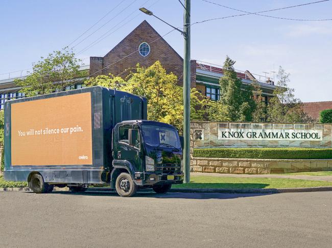 The truck billboard parked outside Knox Grammar. Picture: Ovira via NCA NewsWire