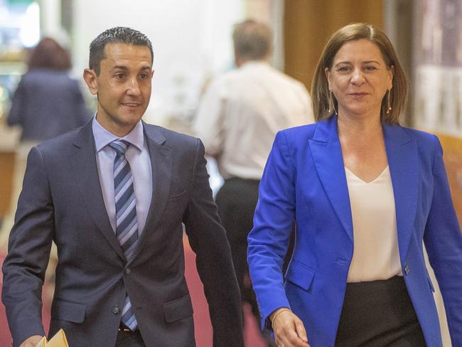 LNP's David Crisafulli and Deb Frecklington arrive at the party room.  Pic Peter Wallis