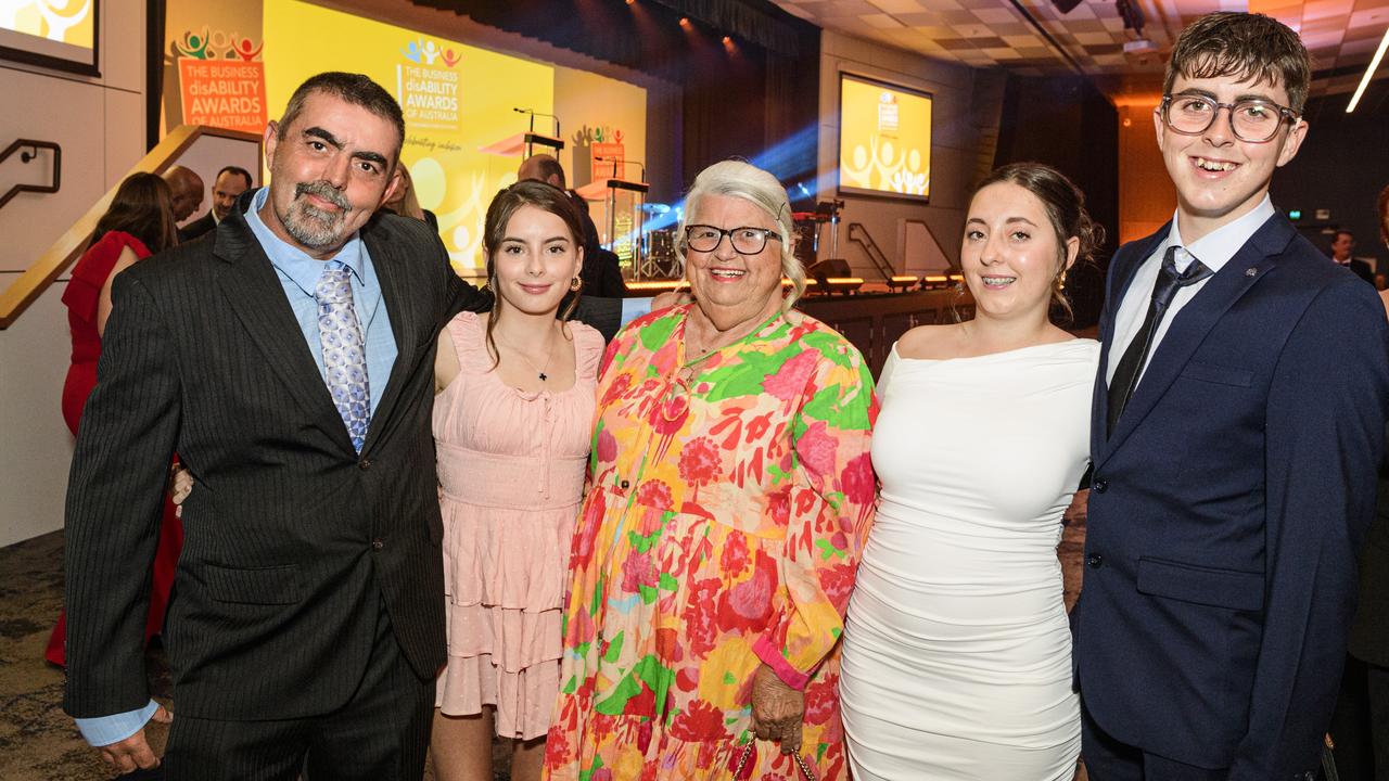 The Whitby family (from left) Rob, Grace, Narelle, Emily and Mikey Whitby at the Business disAbility Awards of Australia at Edmund Rice Cultural Centre, Saturday, May 17, 2025. Picture: Kevin Farmer