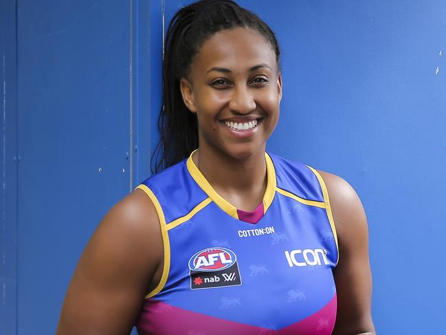 Sport - Lions AFLW star Sabrina Frederick-Traub ahead of the season three launch on Saturday. Pic Mark Cranitch.