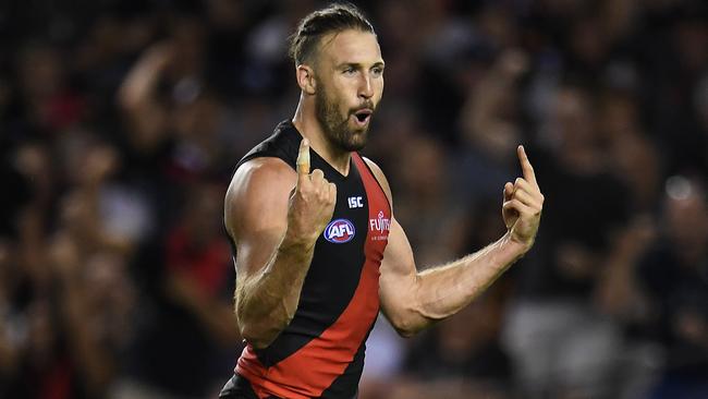 Cale Hooker celebrates an Essendon goal. Picture: AAP Images