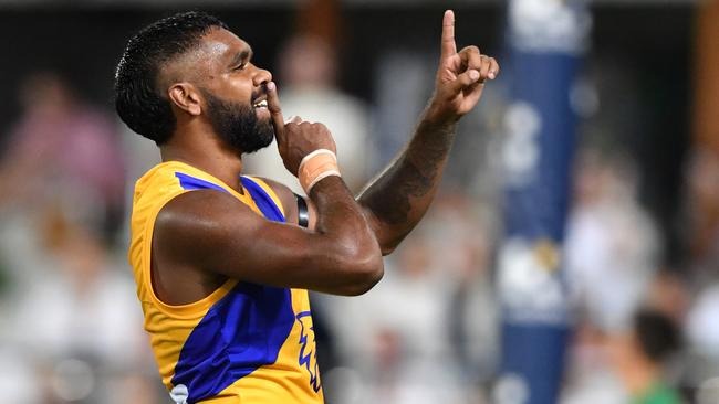 Liam Ryan silences the Gabba crowd after kicking a goal in the Eagles’ loss. Picture: AAP