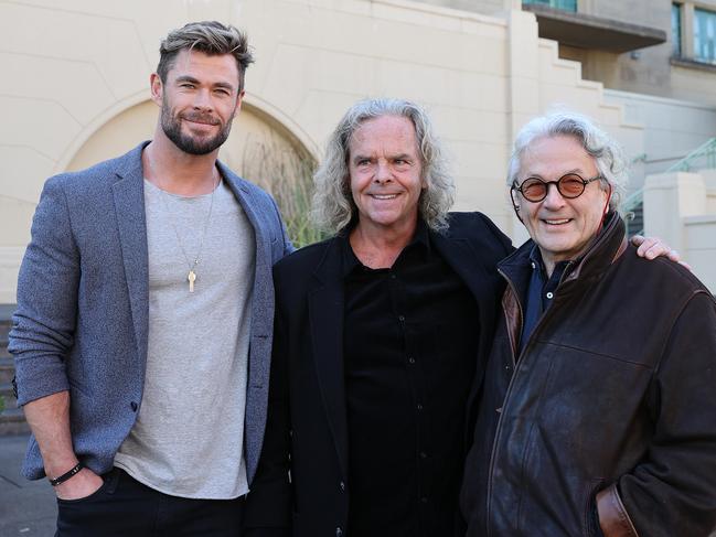 Chris Hemsworth, producer Doug Mitchell and director George Miller at the announcement of Mad Max sequel Furiosa in Sydney. Picture: NCA NewsWire/Dylan Coker