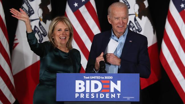 ‘No sense of occasion or timing’: Joe and Jill Biden take the stage in Des Moines, Iowa, on Tuesday. Picture: AFP