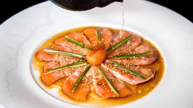 Nobu's New Style Salmon Sashimi - Smoking Hot Oil Pour (Photographed by Henry Hargreaves)