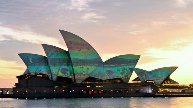 The Sydney Opera House is illuminated by a projection of artwork by Wiradjuri man and renowned artist James P Simon ‘River Life’ on Australia Day. Picture: Getty Images