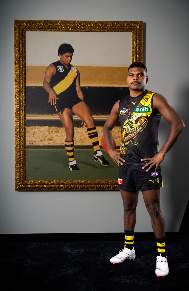 Maurice Rioli Jr in the Dreamtime guernsey he designed for Sir Doug Nicholls Round. Picture: Richmond FC