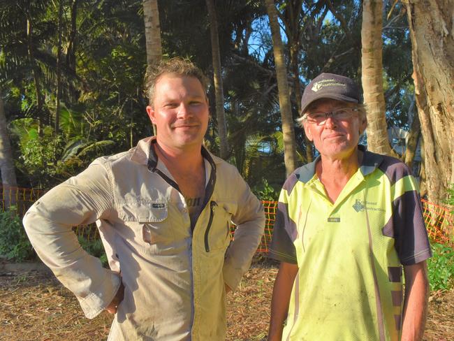 Ferdinand Constructions owner Paul Ferdinand and carpenter Gav Odgaard tell of the moment a 23-year-old emerged from Blacks Beach where she had been sunbaking and was allegedly stabbed by a 16-year-old boy in a random frenzied attack. Picture: Tara Miko