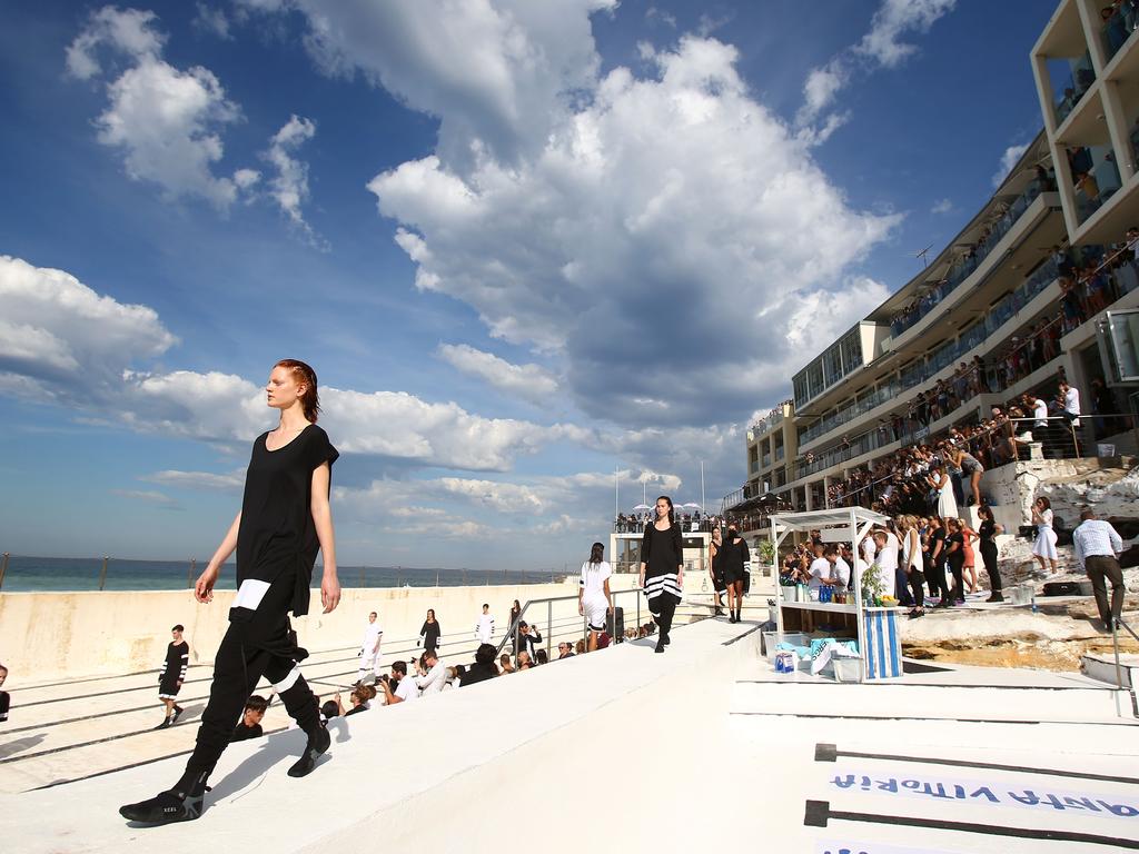 Models walk the runway during the Ten Pieces show at Mercedes-Benz Fashion Week Australia 2015 at Bondi Icebergs. Picture: Getty