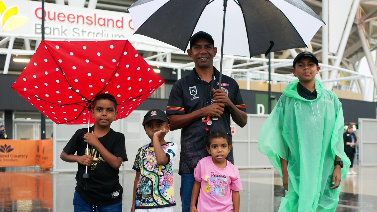 Members of the Hill and Marshall families head into Queensland Country Bank Stadium for the NRL All Stars on Friday night. Picture: Blair Jackson