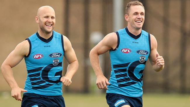 Gary Ablett and Joel Selwood at Geelong Cats training. Picture: Alison Wynd