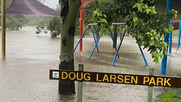 The Logan River at Dauth Park, Beenleigh, has broken its banks.