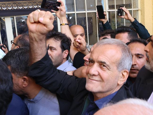 Iranian reformist candidate Masoud Pezeshkian reacts after casting his ballot during the presidential runoff elections in Shareh Qods, west of Tehran. Picture: AFP