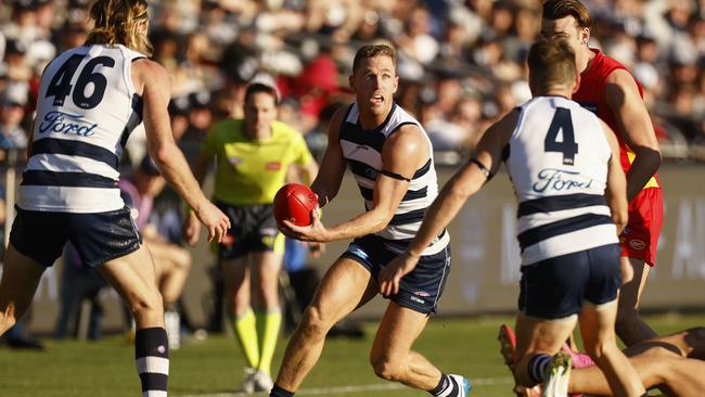 Skipper Joel Selwood was one of the Cats’ best against the Suns. Picture: Daniel Pockett/Getty Images