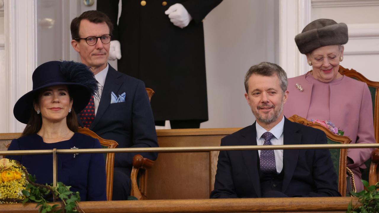 Prince Joachim and Queen Margrethe sit behind King Frederik and Queen Mary in the Danish Parliament. Picture: Getty Images