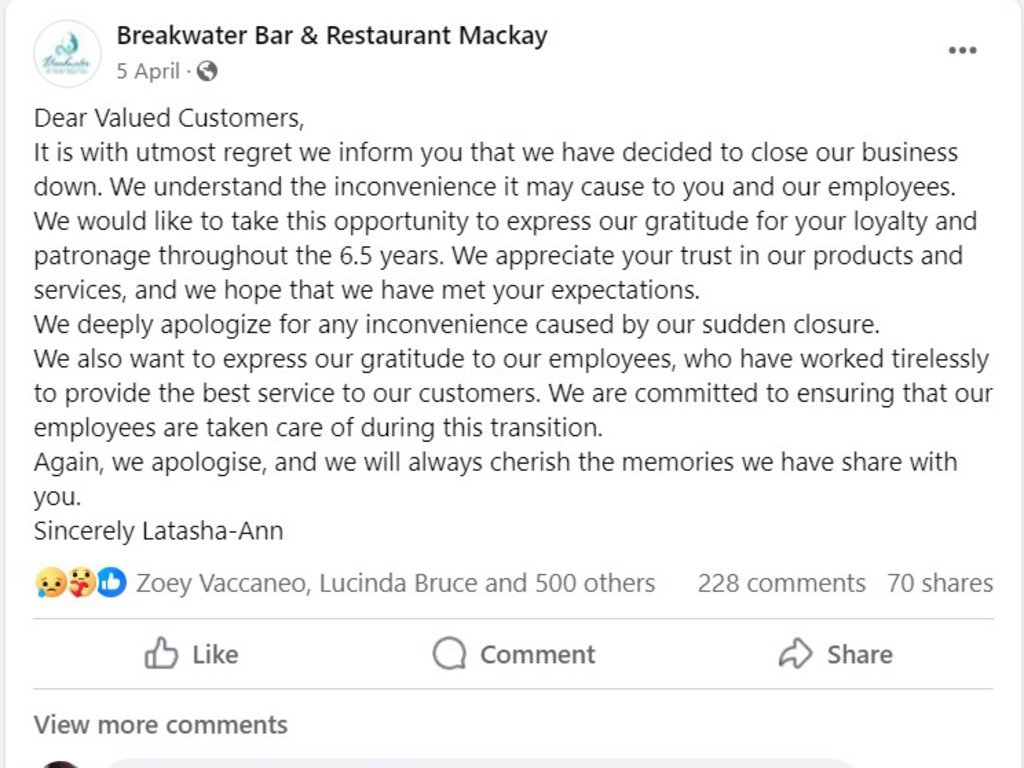 Breakwater Bar and Restaurant told its customers it was shutting down on April 5, thanking its employees. They are owed $87,000 in unpaid superannuation according to the liquidator’s report. Picture: Facebook