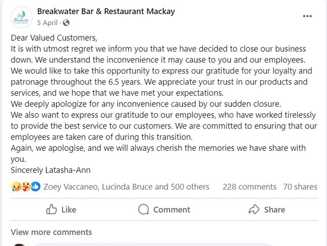 Breakwater Bar and Restaurant told its customers it was shutting down on April 5, thanking its employees. They are owed $87,000 in unpaid superannuation according to the liquidator’s report. Picture: Facebook