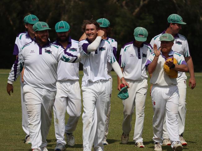 Goonellabah Workers Sports Cricket Club player Ryan Kernaghan being clapped off the field after taking 7-12 against Pottsville during round four of the 2024/25 LJ Hooker League. Picture: Imogen Armstrong