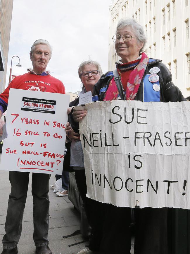 Supporters Dave Abbott, Rosemarie Phelps and Jennie Herrera mark Neill-Fraser’s seventh year in prison. Picture: MATHEW FARRELL