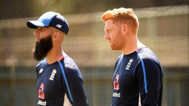 ADELAIDE, AUSTRALIA — NOVEMBER 30: (L-R) Moeen Ali of England and Jonny Bairstow of England look on during an England Nets Session at Adelaide Oval on November 30, 2017 in Adelaide, Australia. (Photo by Daniel Kalisz/Getty Images)