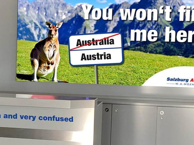 Salzburg Airport shared this mock-up of a help counter, confirming no such thing existed for travellers who thought Austria was Australia.